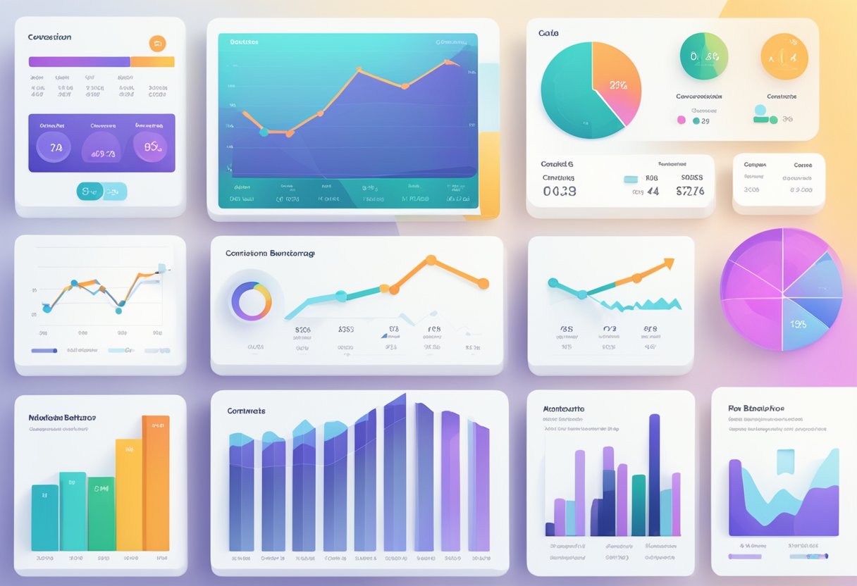 A digital dashboard displaying metrics like click-through rates, conversion rates, and social media engagement. Graphs and charts show trends and patterns in user behavior