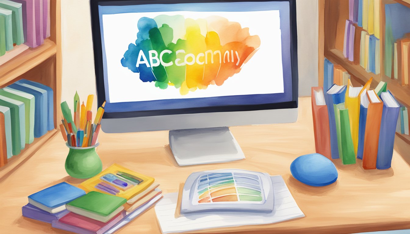 The ABCmouse Early Learning Academy logo displayed on a computer screen surrounded by colorful educational materials and books