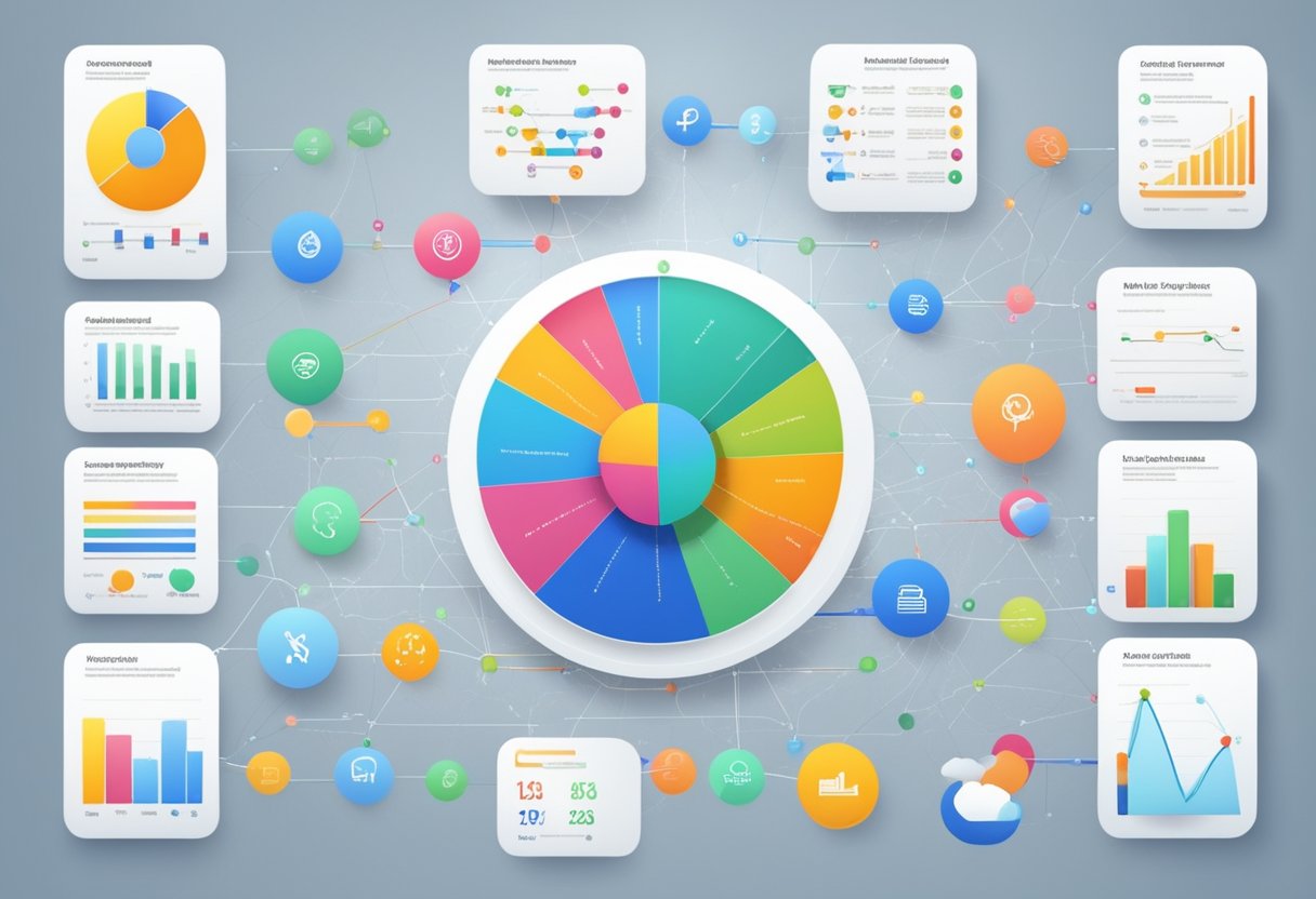 Various data points flow into a central hub, representing the segmentation of product mentions. Analytics tools measure success through colorful graphs and charts