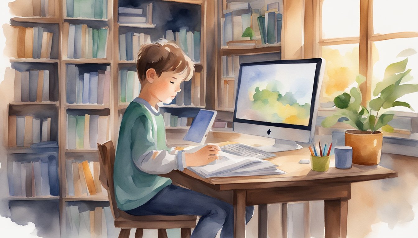 A child sits at a computer, surrounded by books and educational materials.</p><p>A virtual tutor appears on the screen, engaging the student in a lesson