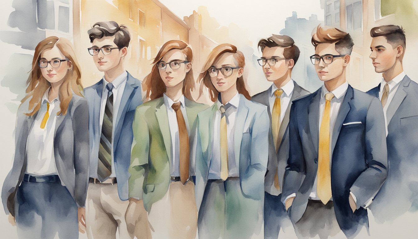 A group of students in professional attire, standing confidently with unique accessories and hairstyles, ready for college interviews