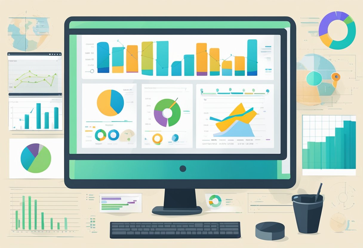 A computer screen displaying various analytics tools measuring product mentions' success. Graphs and charts illustrate data points