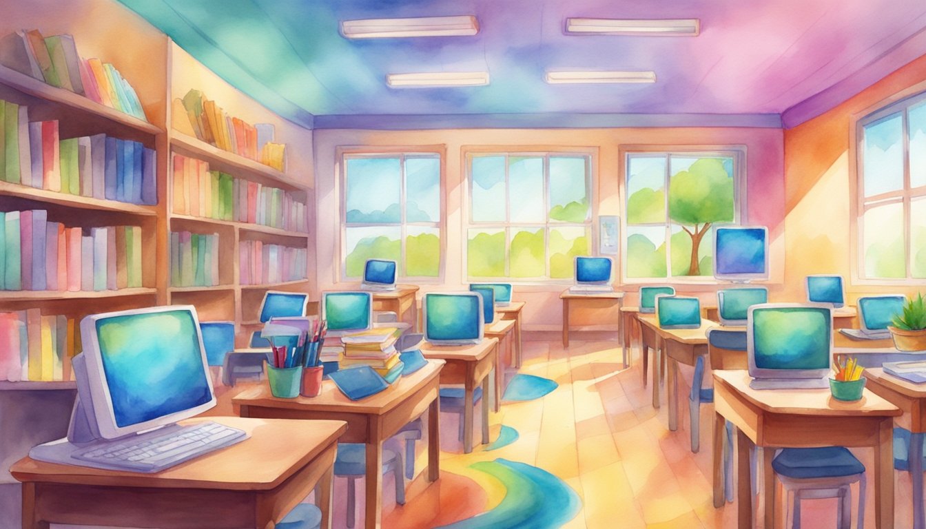 A colorful classroom with digital devices, books, and a friendly mascot.</p><p>Bright, engaging visuals and interactive tools for young learners