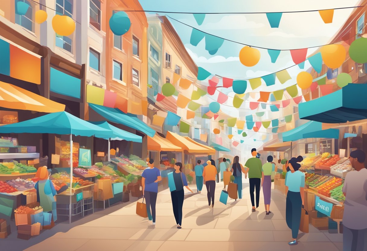 A bustling market with colorful banners and promotional materials displayed. Local businesses engaging with customers, utilizing social media and word-of-mouth