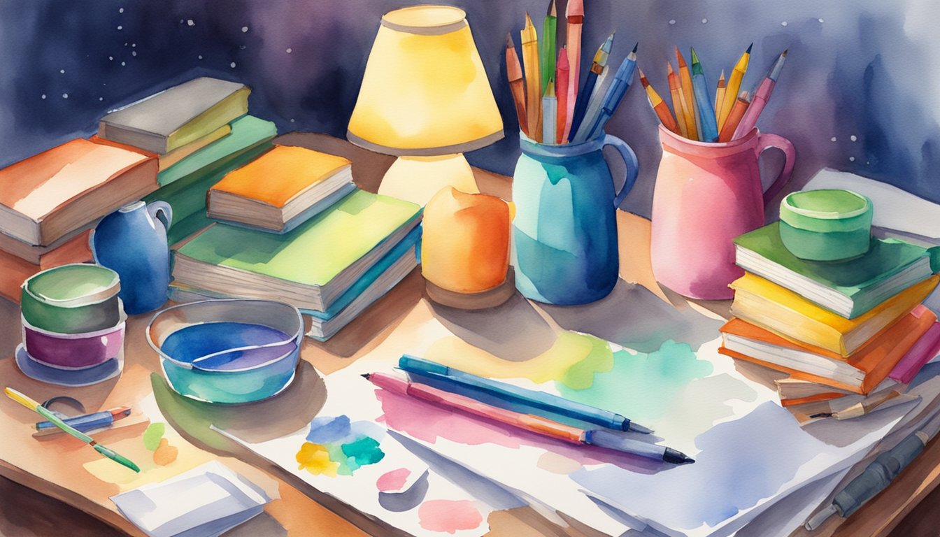 Colorful supplies scattered on a desk with books, markers, and paper.</p><p>A bright lamp illuminates the workspace, creating a cozy and inviting atmosphere for homework