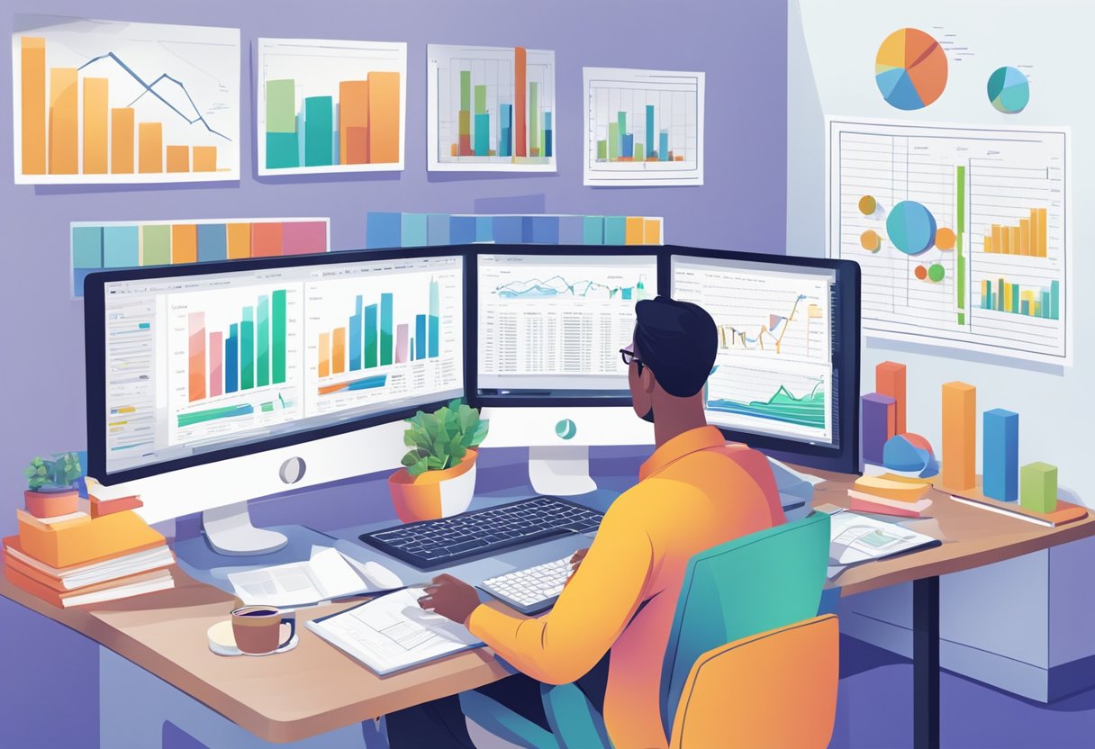 A person browsing a computer, surrounded by charts and graphs, analyzing market and competitor data