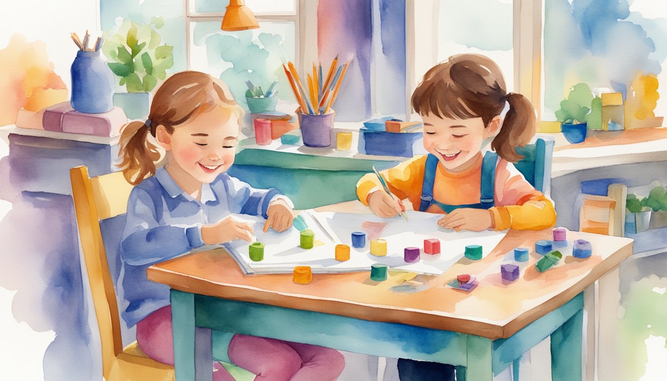 Two kids sitting at a table, surrounded by colorful supplies and educational games.</p><p>Smiling and laughing as they work together on homework