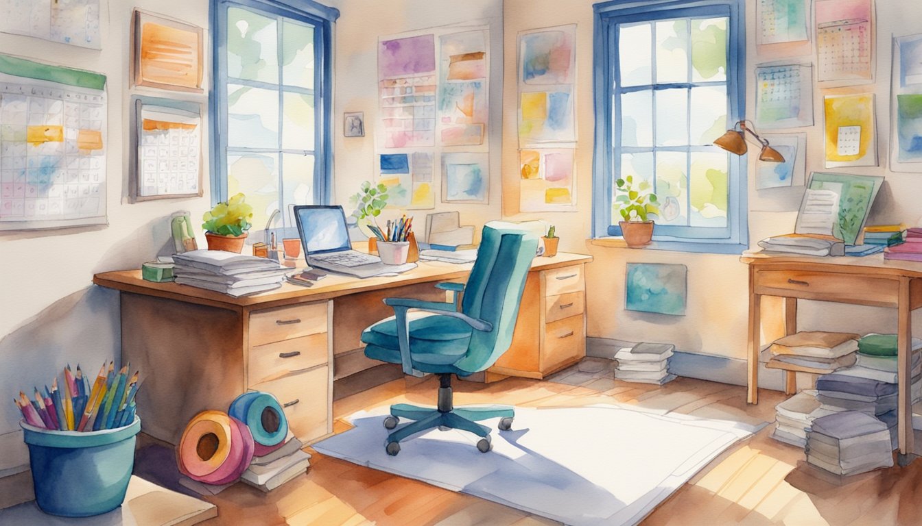 A clutter-free desk with fidget toys, noise-cancelling headphones, and a colorful calendar on the wall.</p><p>Natural light streams in through the window, illuminating a comfortable chair and a whiteboard with colorful markers