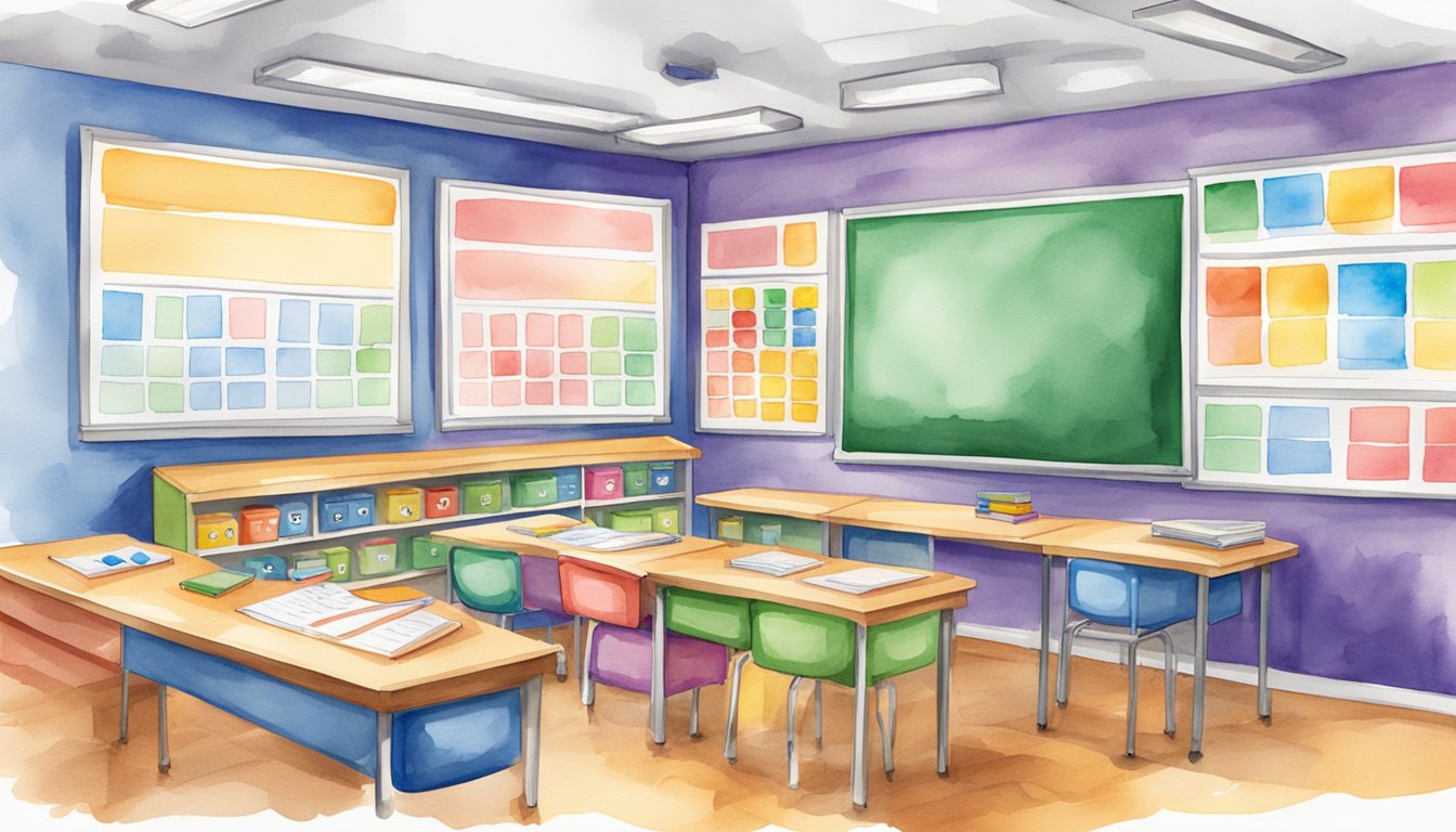 A colorful classroom with visual aids: charts, diagrams, and posters on the walls.</p><p>A student desk with fidget tools, a timer, and a personalized schedule