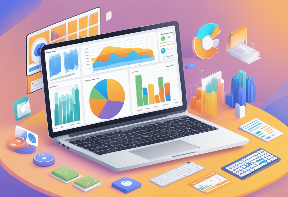 A laptop displaying tailored product messages on various subreddit pages, surrounded by charts and graphs showing impact and performance metrics