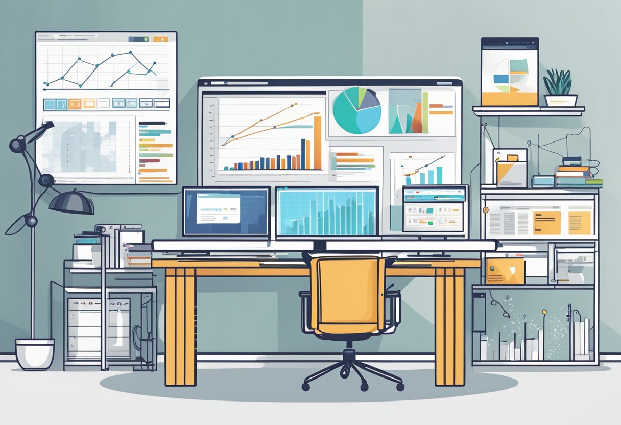 An office desk with a computer screen displaying automated product placement suggestions. Graphs showing budget and ROI optimization