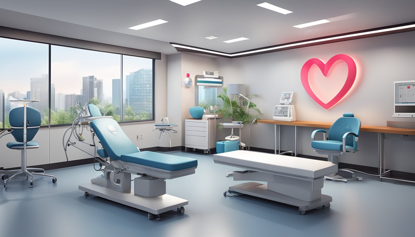 A modern cardiology clinic with sleek design, medical equipment, and comfortable seating. The logo "Heart Consultants Private Limited" is prominently displayed