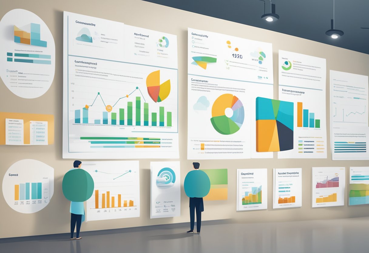 A series of case study reports displayed on a wall, with graphs and charts showing success metrics. A spotlight shines on the display, highlighting the credibility of the data