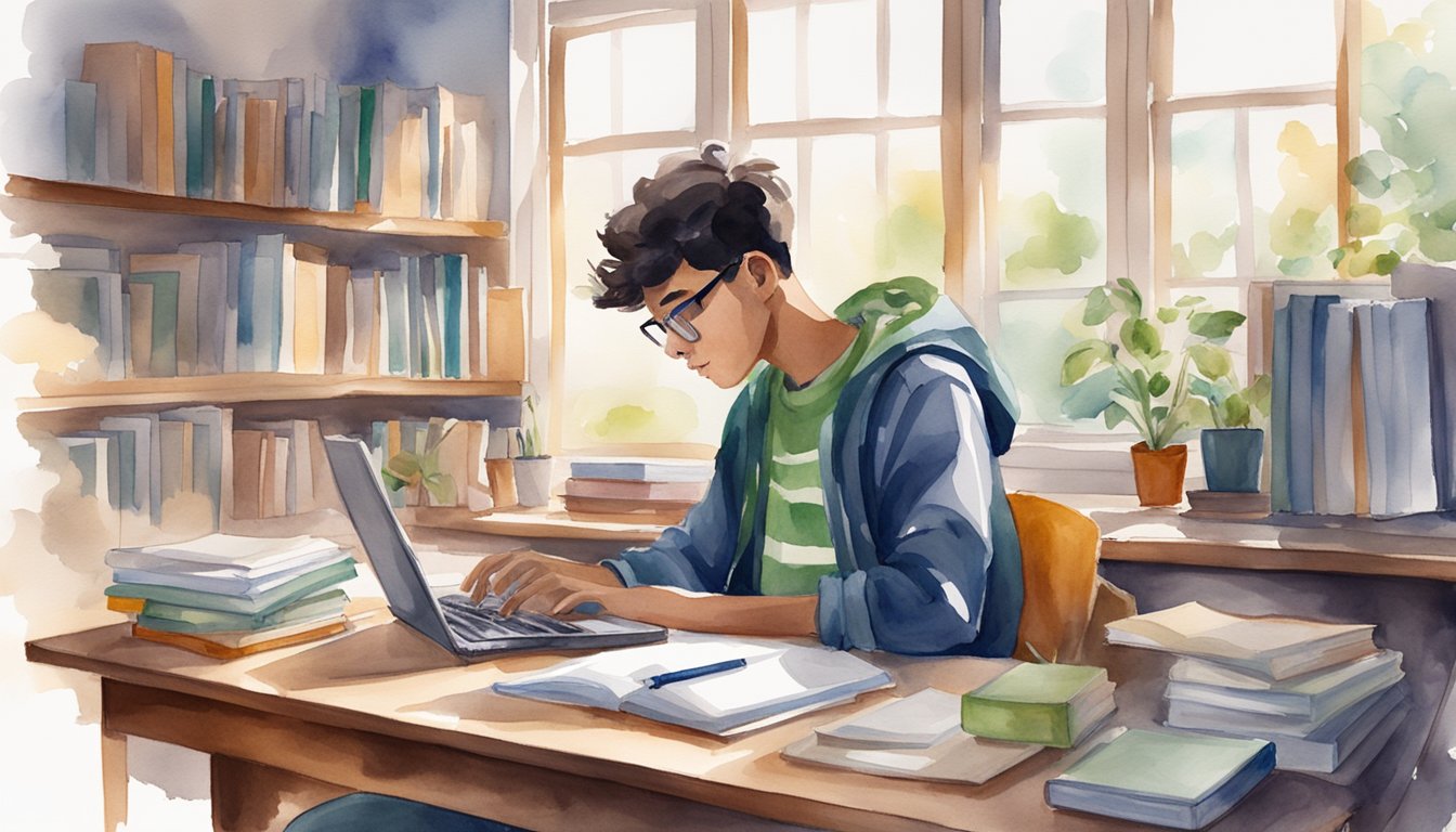 A high school student sits at a desk, surrounded by a laptop, textbooks, and notes.</p><p>The room is filled with natural light, creating a bright and focused atmosphere for e-learning