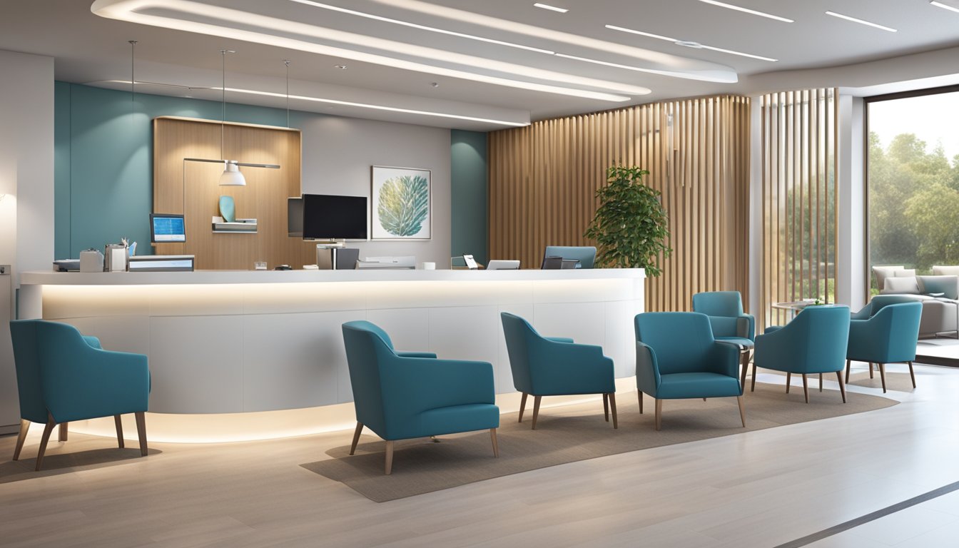 A modern cardiology clinic with sleek design, state-of-the-art equipment, and a calming atmosphere. The reception area features comfortable seating and a welcoming ambiance