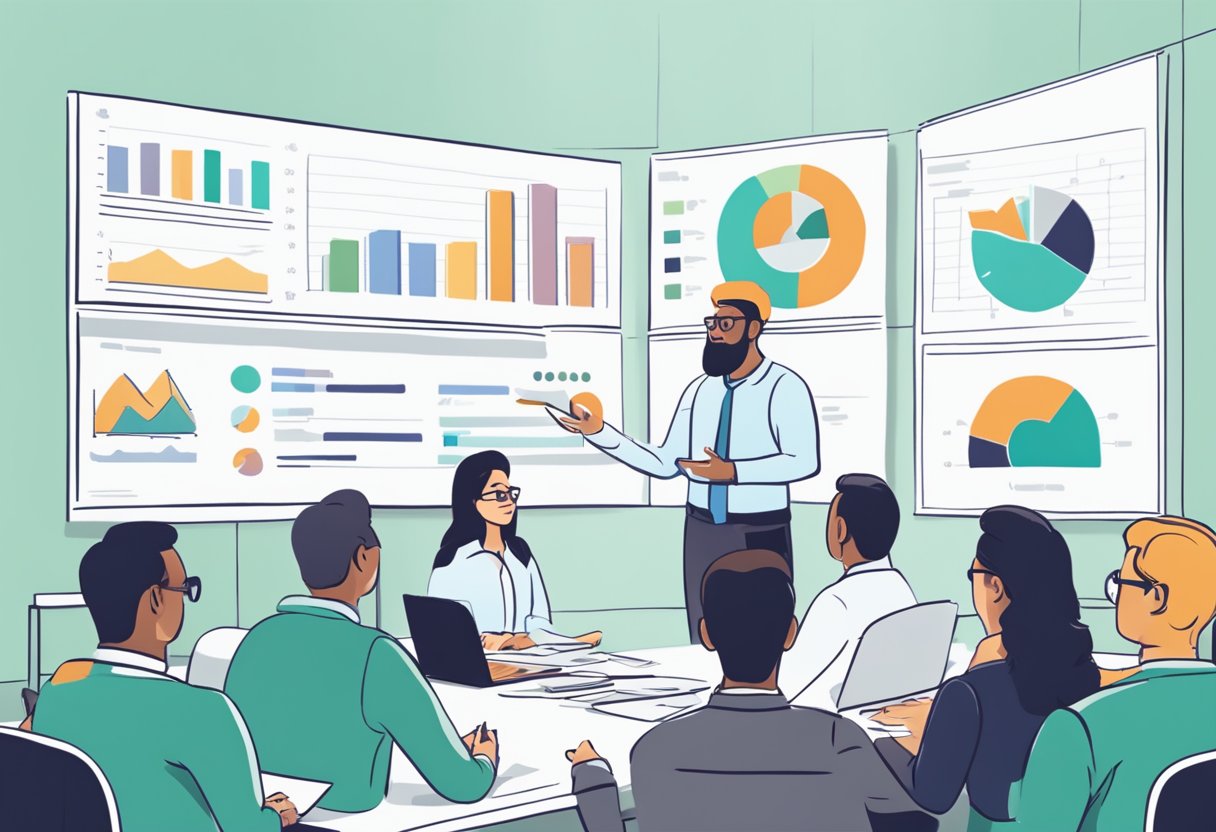 A person presenting a well-researched report to a group of professionals, using charts and data to build credibility before introducing any products