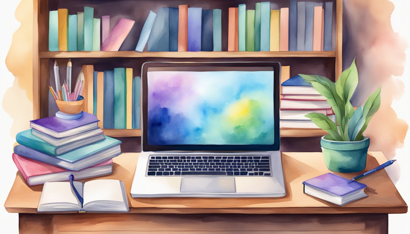 A desk with a laptop, notebook, and pen.</p><p>A bookshelf with educational materials.</p><p>A poster of the 6 best e-learning platforms for high school students