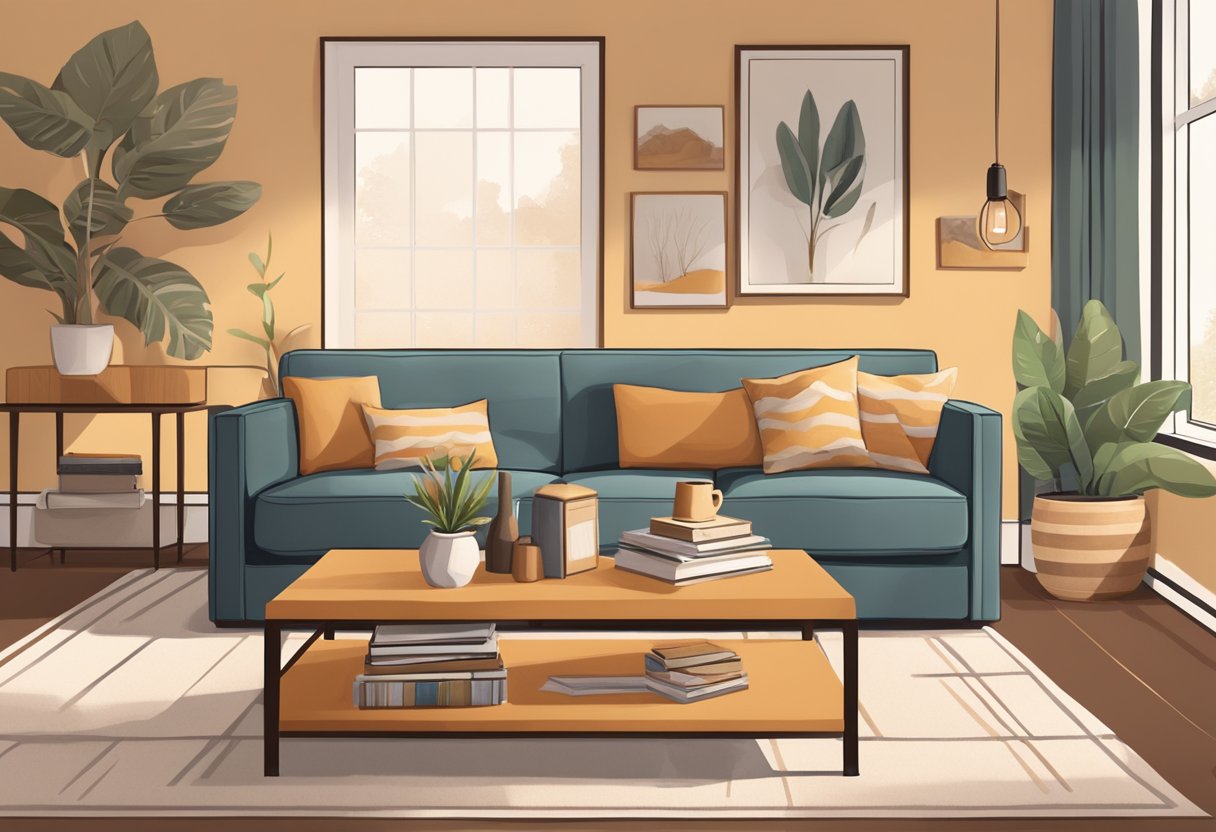 A cozy living room with a warm color palette, featuring a comfortable couch and a coffee table with various products casually placed on it