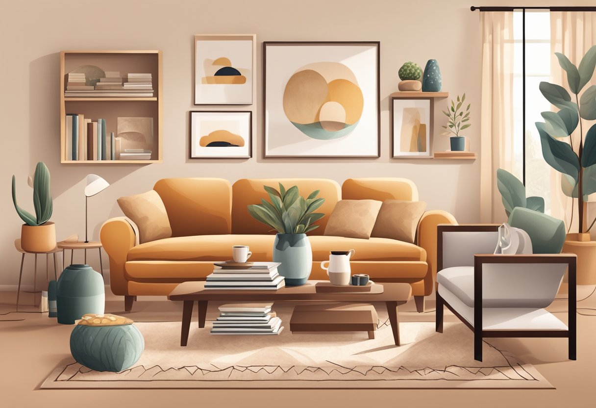 A cozy living room with a warm color palette, featuring a comfortable sofa and a coffee table with a variety of products subtly placed around it