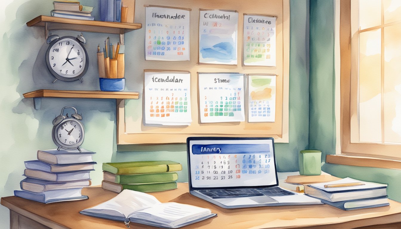 A desk with a calendar, textbooks, and a laptop.</p><p>A clock on the wall shows the time.</p><p>A study schedule is written on a whiteboard