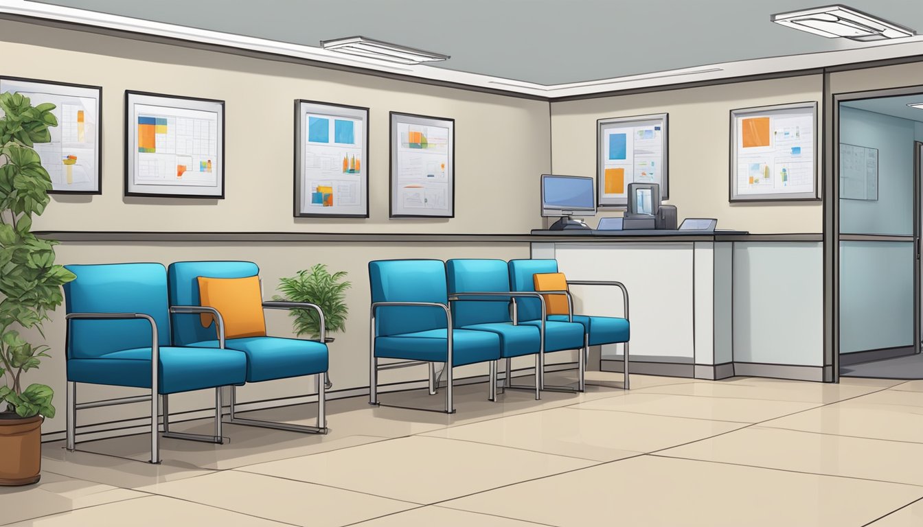 A modern cardiology clinic with state-of-the-art equipment and comfortable waiting area. Friendly staff assist patients with scheduling appointments and answering questions
