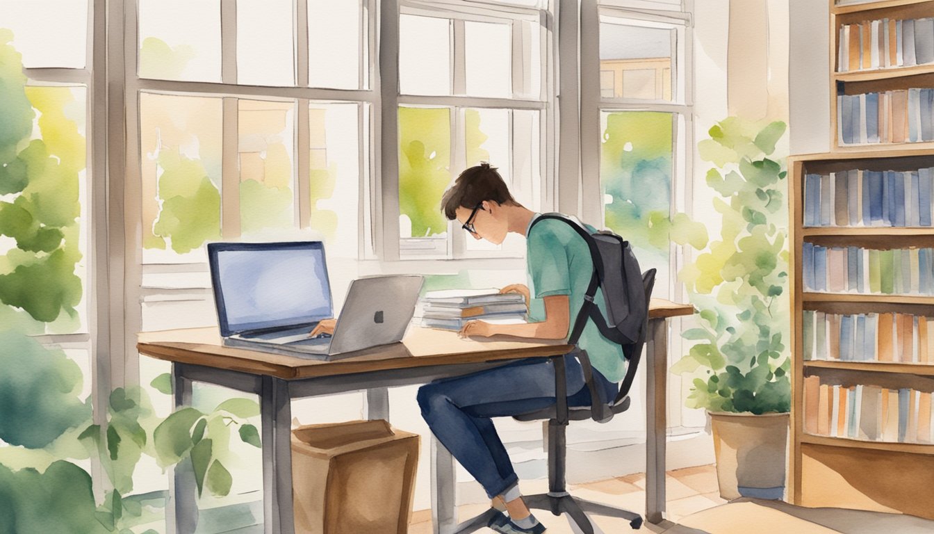 A student sits at a desk, surrounded by books and a laptop.</p><p>Campus buildings and greenery are visible through the window.</p><p>A bulletin board displays tips for adjusting to college life