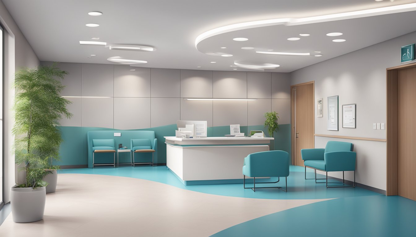 A modern, sleek cardiology clinic with a welcoming reception area, comfortable waiting room, and state-of-the-art examination rooms