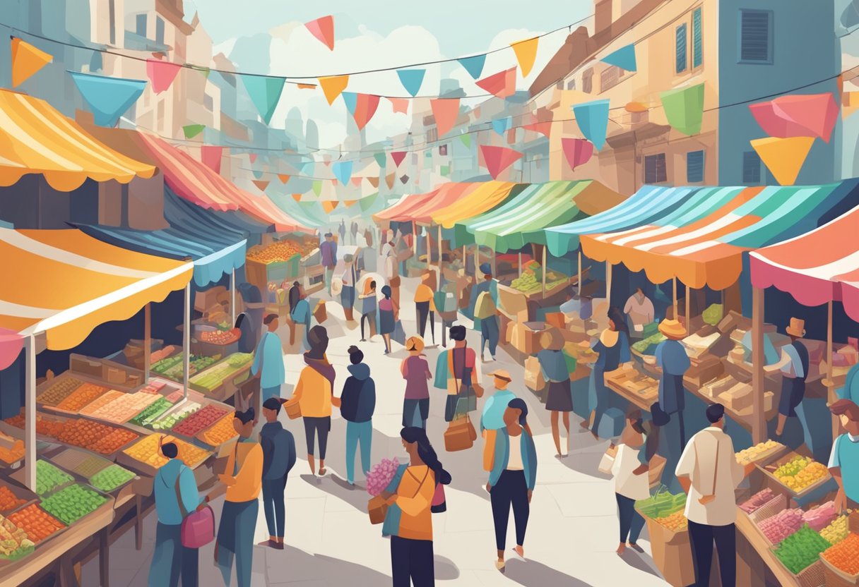 A bustling marketplace with colorful banners and signs promoting products. Customers eagerly engage with vendors showcasing their wares