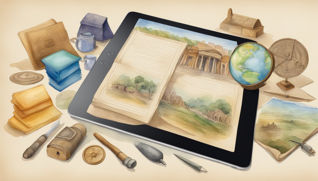 A diverse collection of historical artifacts and documents are displayed on a digital tablet, surrounded by colorful and engaging educational apps