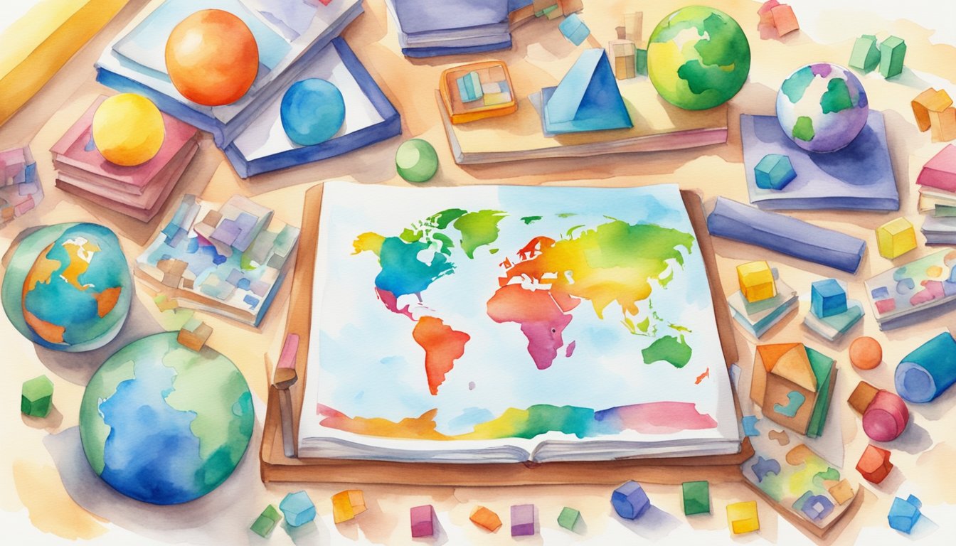 Colorful educational toys scattered on a play mat, surrounded by books and puzzles.</p><p>A child's drawing table with markers and a globe in the background