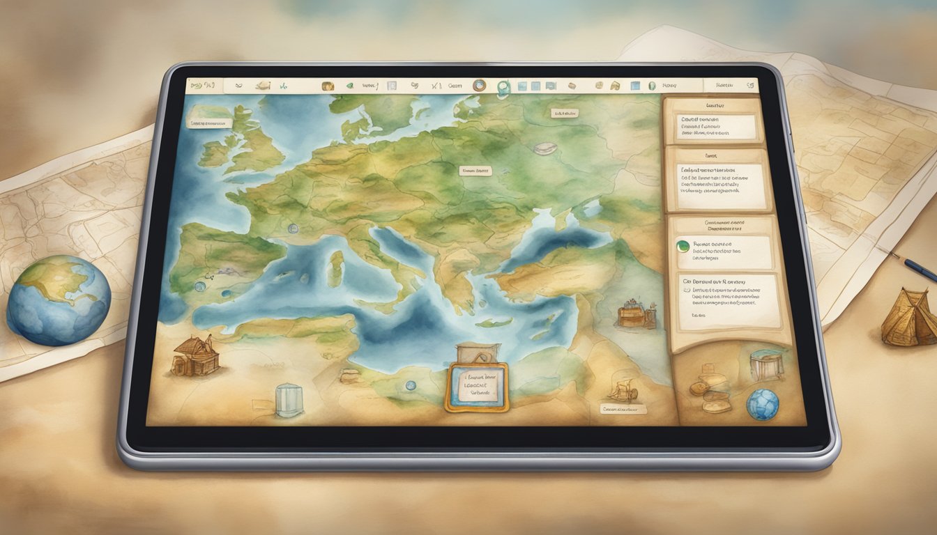 A digital tablet displaying interactive history lessons with ancient civilizations, maps, and artifacts.</p><p>The screen shows educational apps for learning history