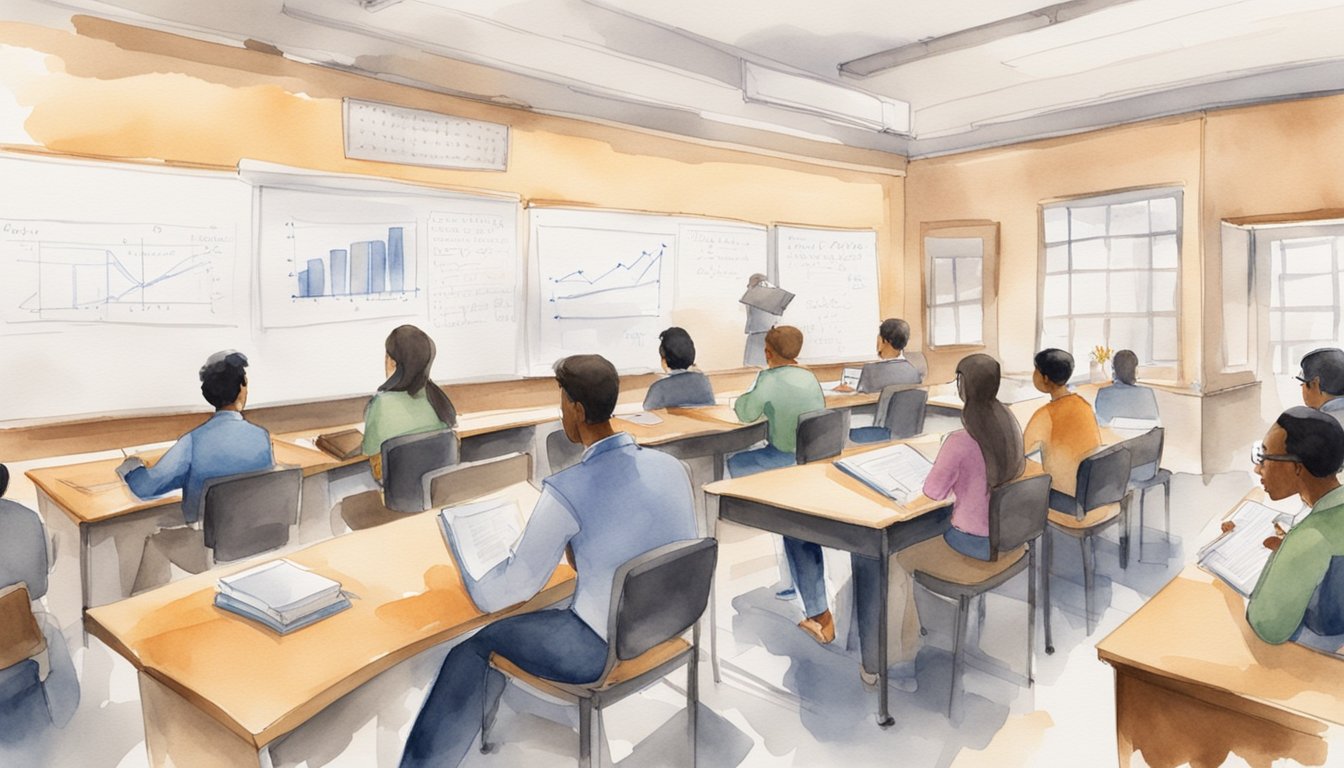 A college classroom with students sitting at desks, listening to a professor lecturing.</p><p>A whiteboard with notes and diagrams in the background