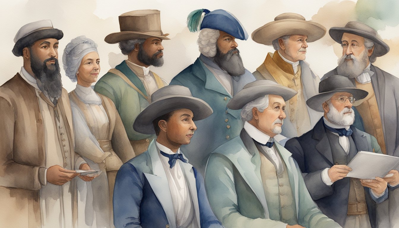 A group of diverse historical figures interact with interactive educational apps, showcasing various periods and events in history