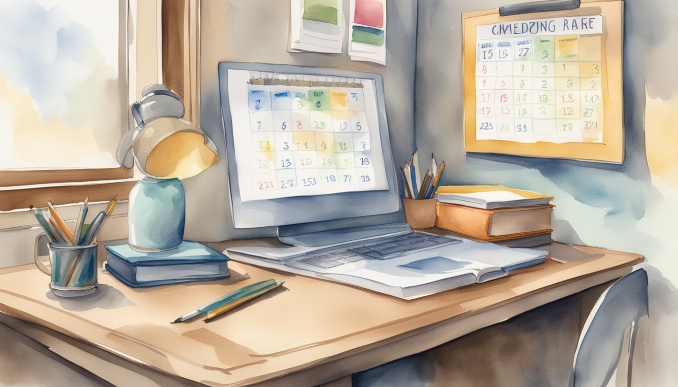 A desk with a calendar, textbooks, and a laptop.</p><p>A clock on the wall shows the time.</p><p>A study schedule is pinned to the bulletin board