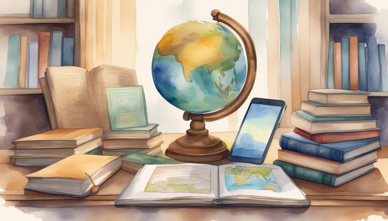 A table with 6 educational history apps displayed on a tablet screen, surrounded by books and a globe