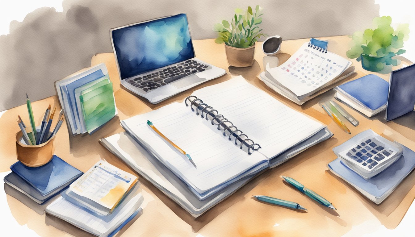 A desk with a planner, clock, and laptop.</p><p>A to-do list with tasks like "study," "class," and "exercise." A calendar with important dates circled