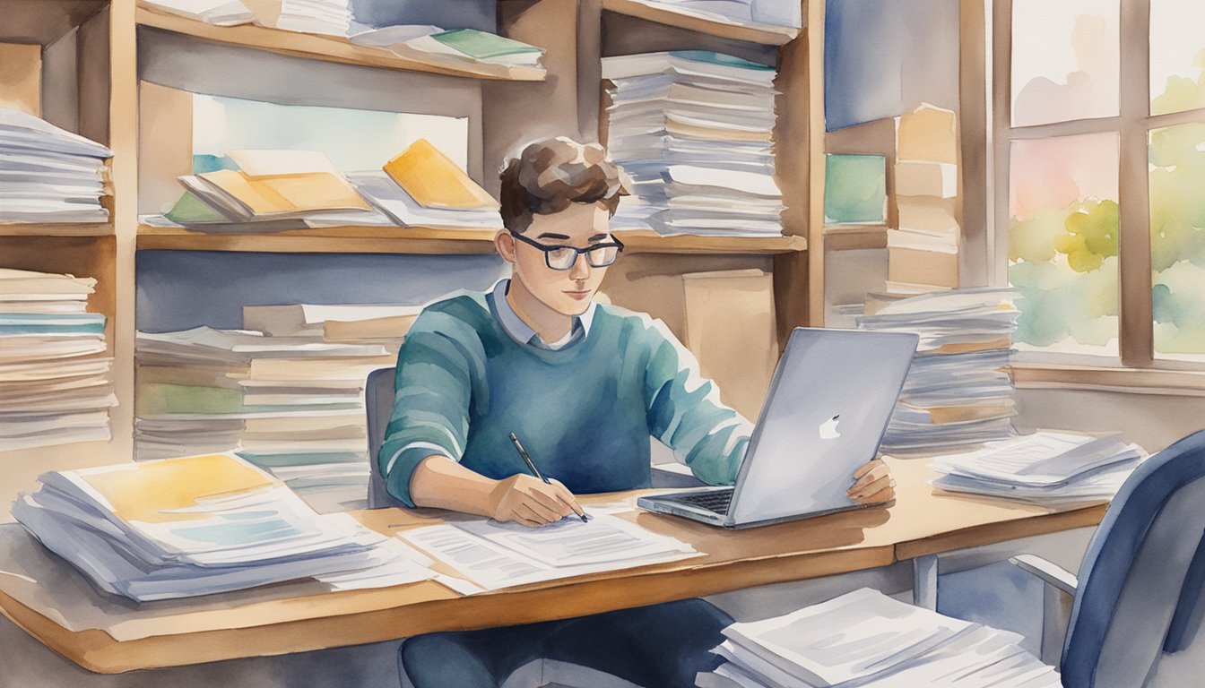 A student sits at a desk, surrounded by paperwork and a laptop.</p><p>A stack of grant and financial aid applications are spread out in front of them, as they carefully fill out each form