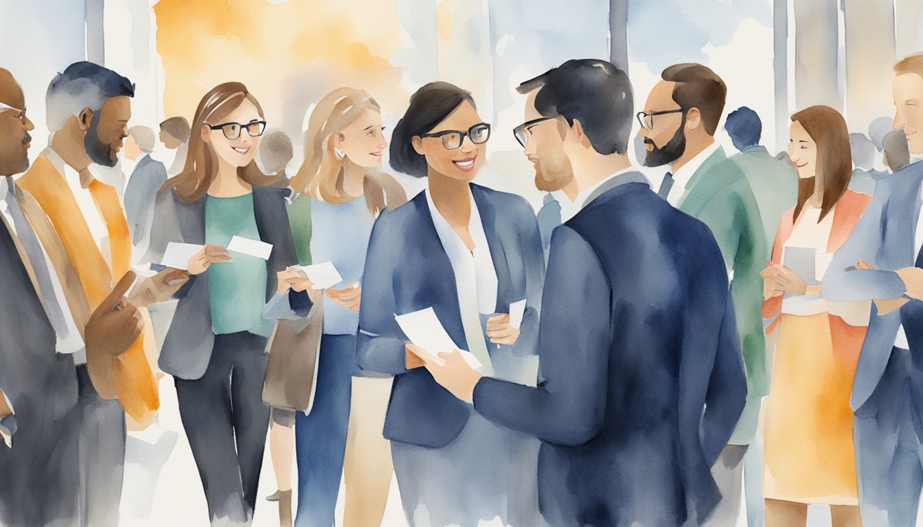 A group of professionals gather at a networking event, exchanging business cards and engaging in conversation.</p><p>A banner with the words "Professional Organizations" hangs in the background