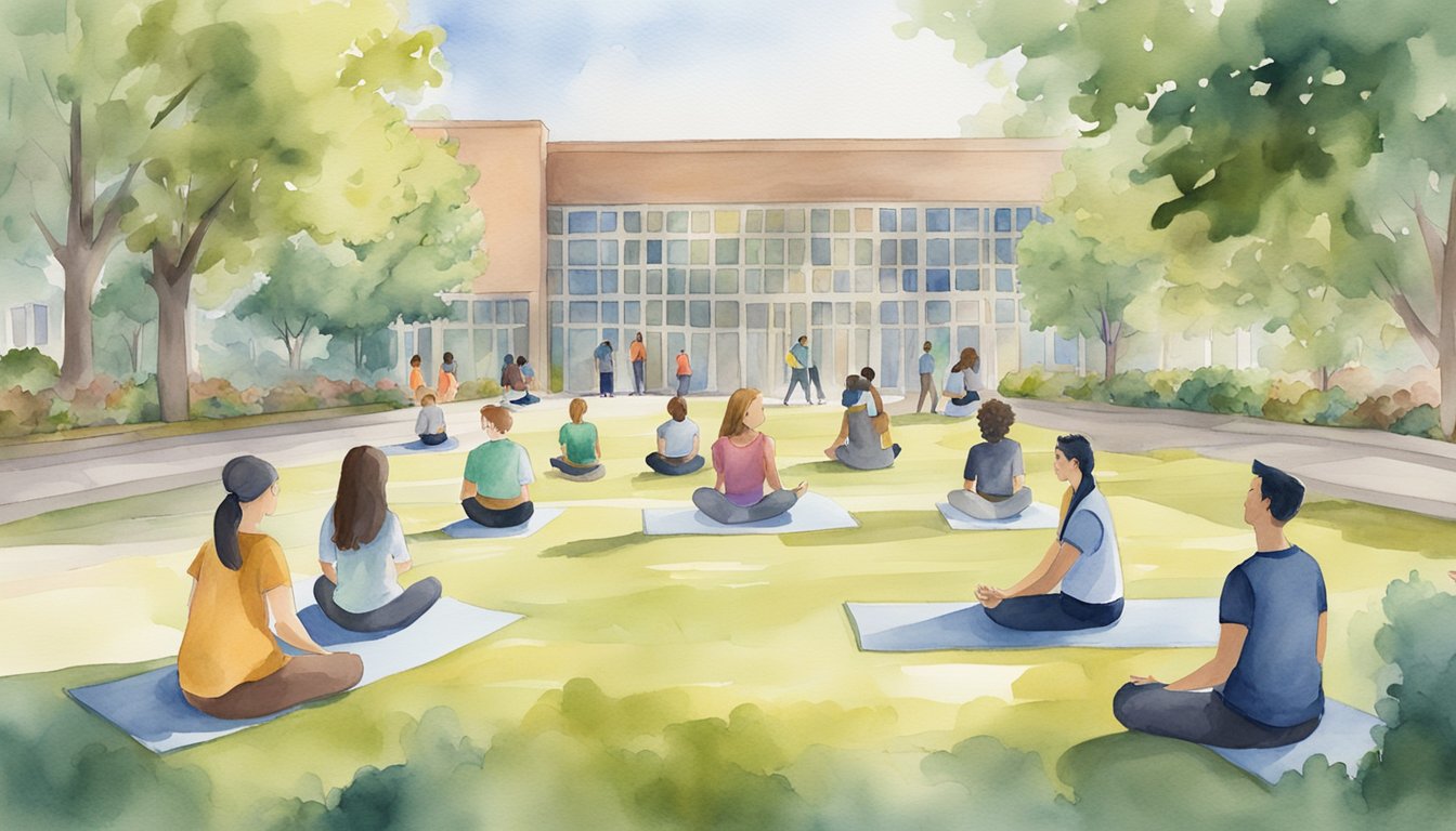 A group of students gather in a campus setting, engaging in activities such as yoga, meditation, and group discussions.</p><p>A banner with the words "6 Tips for Maintaining Mental Health in College" is prominently displayed