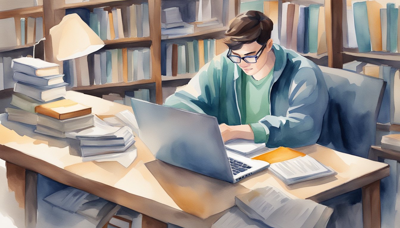 A graduate student types on a laptop surrounded by books and papers, researching and applying for grants and financial aid