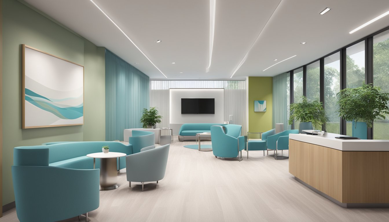 A modern cardiology clinic with sleek furniture, medical equipment, and a calming color scheme. The reception area features a glass desk and a waiting area with comfortable chairs