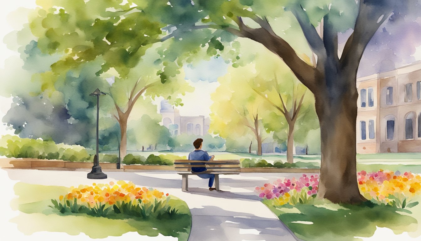 A serene college campus with a student sitting under a tree, taking a break from studying.</p><p>The sun is shining, and there are colorful flowers in the background