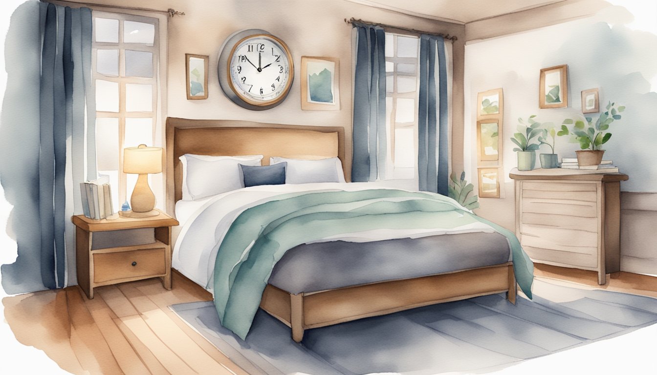 A cozy bedroom with a clock showing a consistent bedtime, a journal for reflection, and a calming bedtime routine