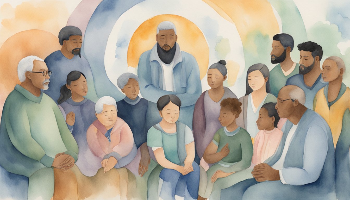 A group of diverse individuals gather around a central figure, offering comfort and support.</p><p>They are surrounded by symbols of mental health and education