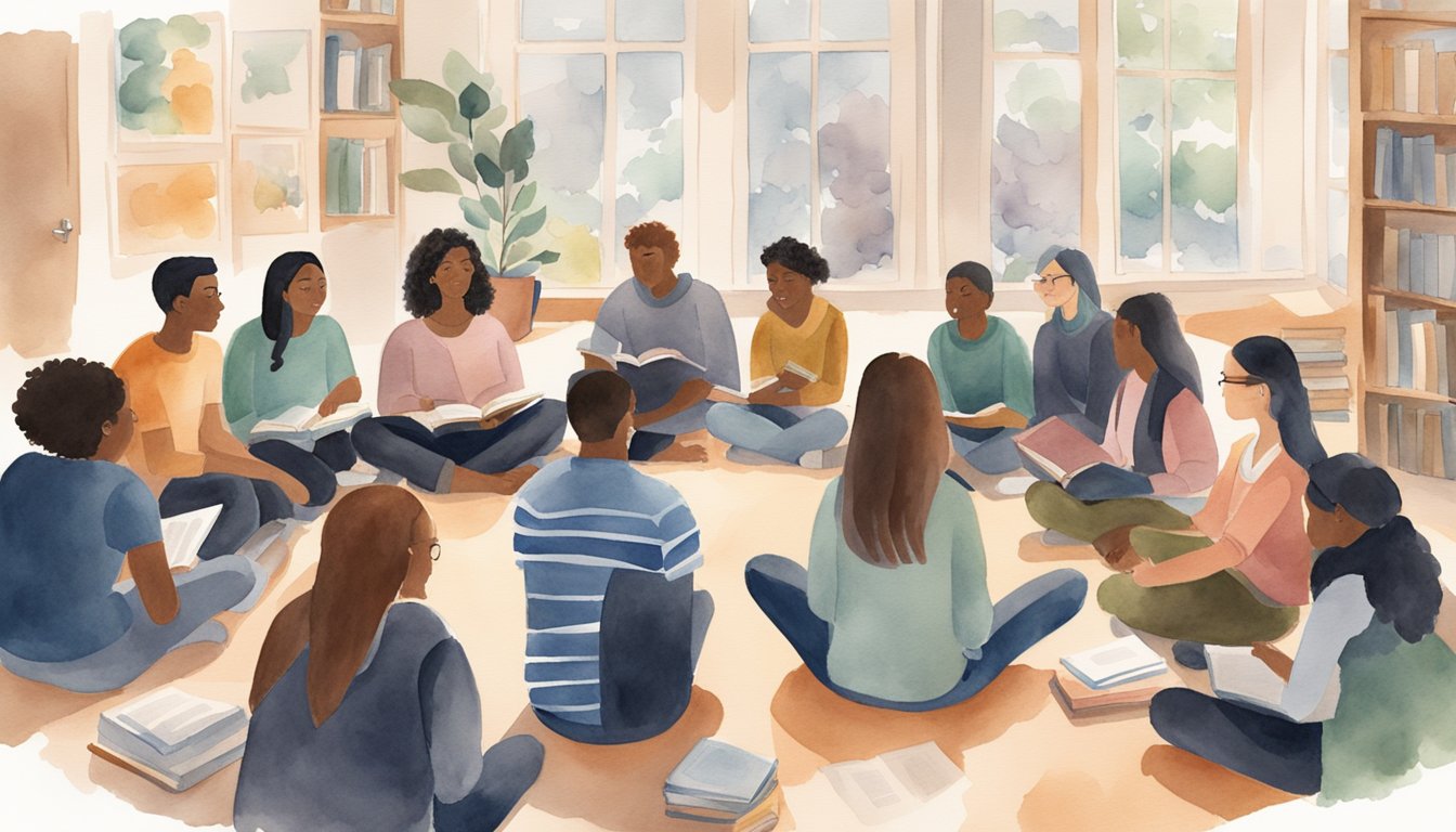 A group of diverse college students sit in a circle, offering support and listening to each other.</p><p>Books and study materials are scattered around the room, indicating the academic setting