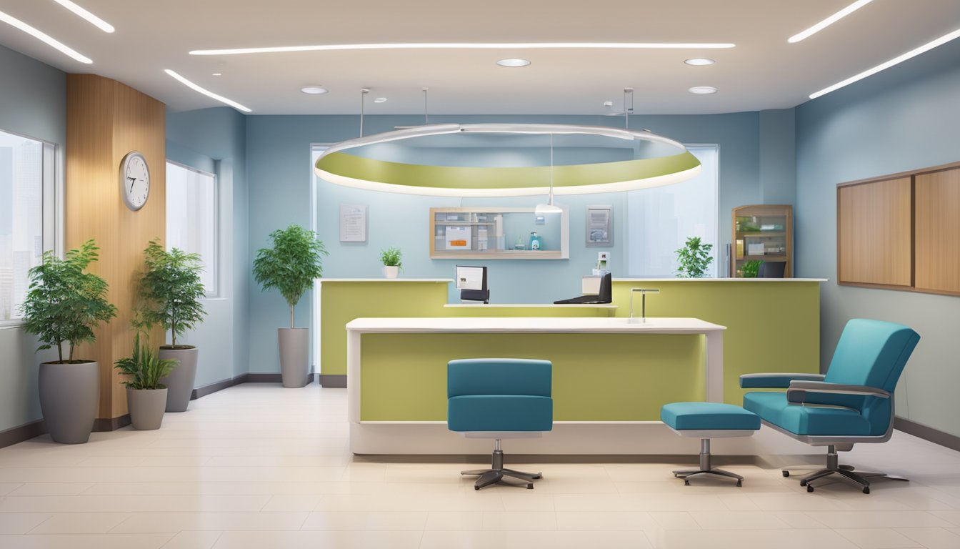A modern cardiology clinic with sleek design, medical equipment, and comfortable seating for patients. The reception area is well-lit with a friendly staff