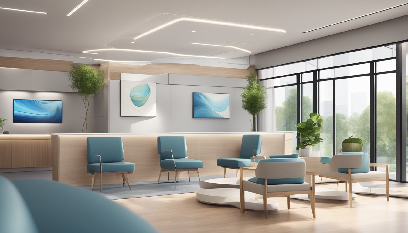 A modern cardiology clinic with a sleek reception area, comfortable seating, and large windows letting in natural light