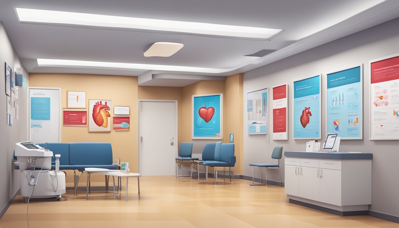 The cardiology clinic is a modern, well-lit space with comfortable seating and medical equipment. The walls are adorned with educational posters and diagrams related to heart health
