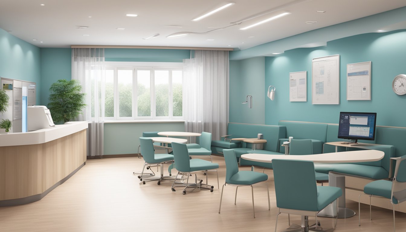 The cardiology clinic features modern facilities and equipment for comprehensive care. The waiting area is spacious and comfortable, with a reception desk and seating for patients. The examination rooms are well-equipped with medical instruments and technology