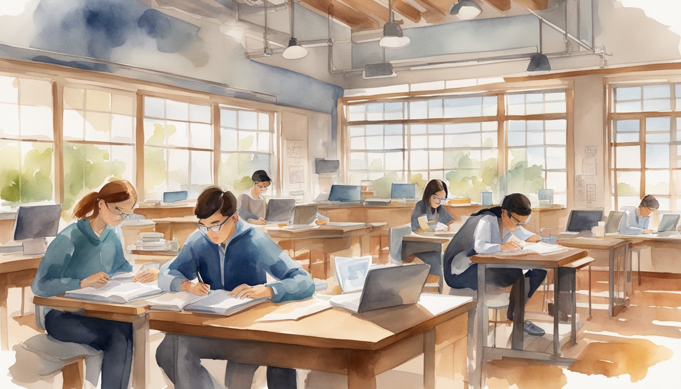 A group of students studying in a modern, well-equipped classroom at Stanford University, surrounded by textbooks, medical diagrams, and scientific equipment